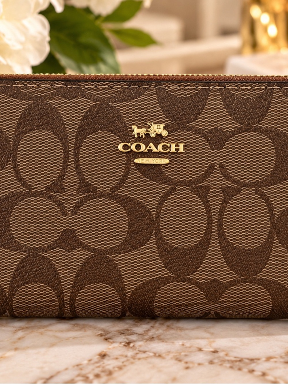 Coach Signature Canvas Zip Wallet in Brown with Gold Logo